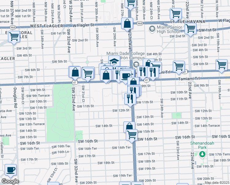 map of restaurants, bars, coffee shops, grocery stores, and more near 928 Southwest 29th Avenue in Miami