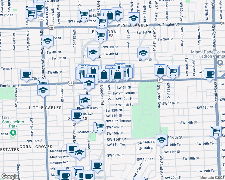 map of restaurants, bars, coffee shops, grocery stores, and more near 890 Northwest 35th Avenue in Miami