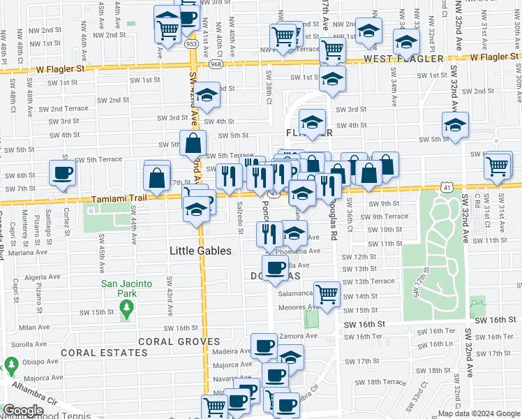 map of restaurants, bars, coffee shops, grocery stores, and more near 811 Ponce de Leon in Coral Gables