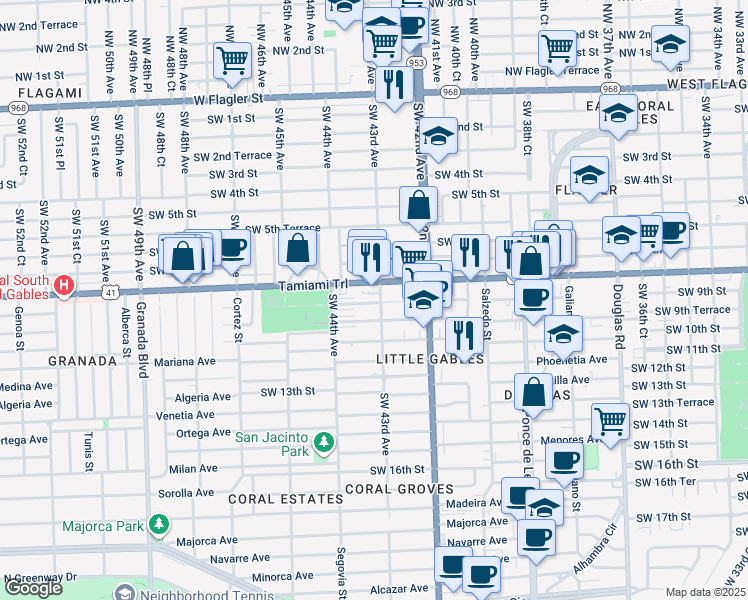 map of restaurants, bars, coffee shops, grocery stores, and more near 4308 Southwest 8th Street in Miami