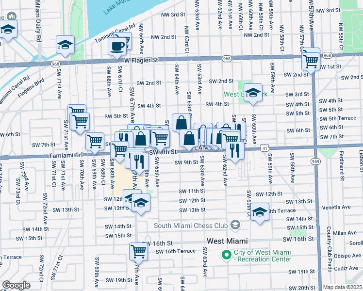 map of restaurants, bars, coffee shops, grocery stores, and more near 701 Southwest 64th Avenue in Miami