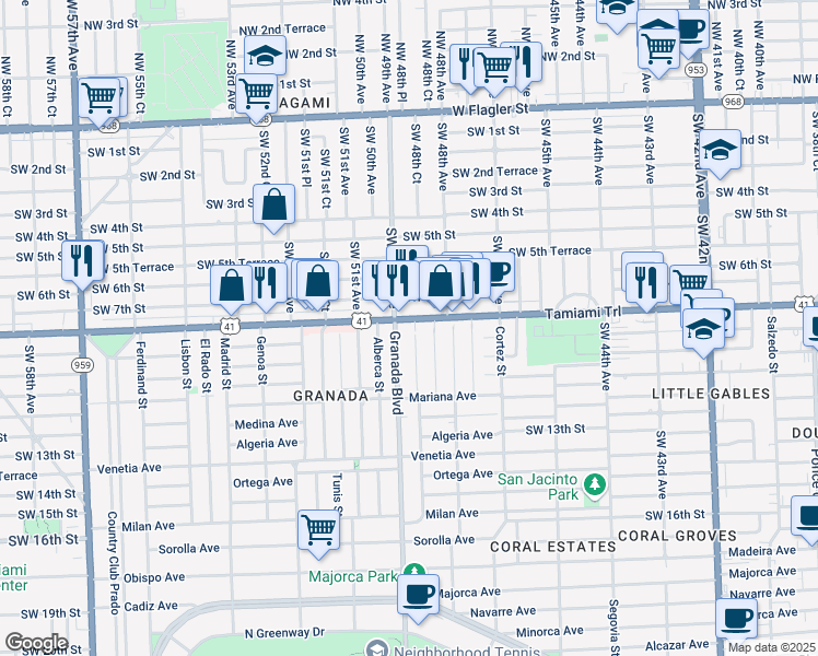 map of restaurants, bars, coffee shops, grocery stores, and more near 800 Capri Street in Coral Gables