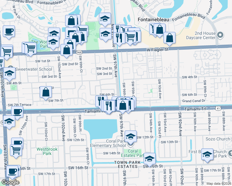 map of restaurants, bars, coffee shops, grocery stores, and more near 535 Southwest 97th Court in Miami