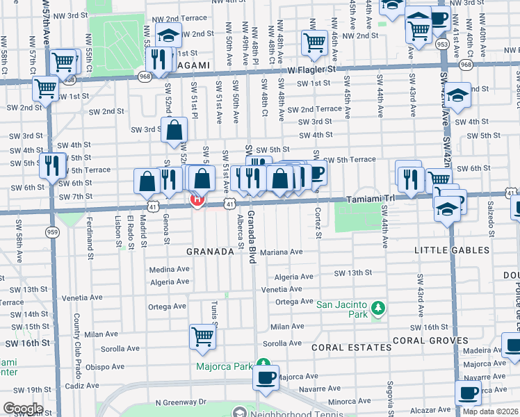 map of restaurants, bars, coffee shops, grocery stores, and more near 800 Capri Street in Coral Gables