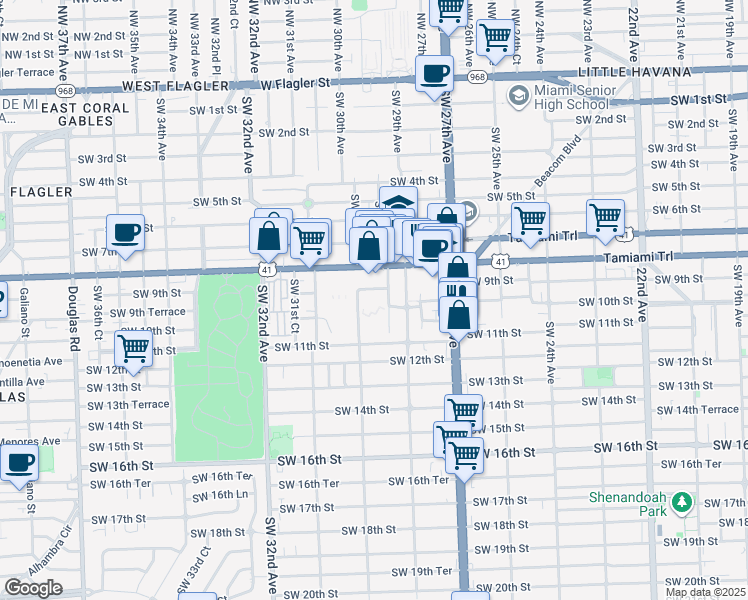 map of restaurants, bars, coffee shops, grocery stores, and more near 2970 Southwest 9th Street in Miami