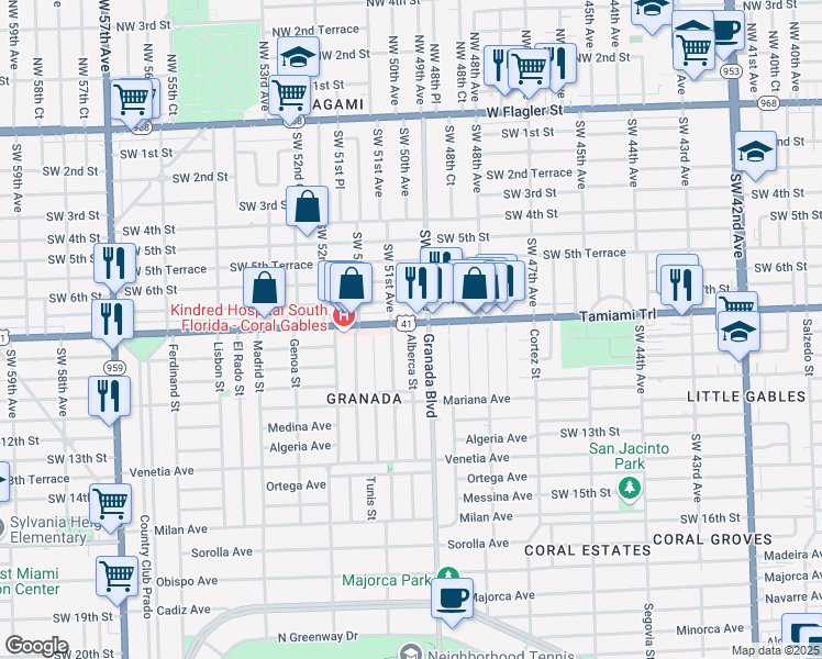 map of restaurants, bars, coffee shops, grocery stores, and more near 4920 Southwest 8th Street in Miami