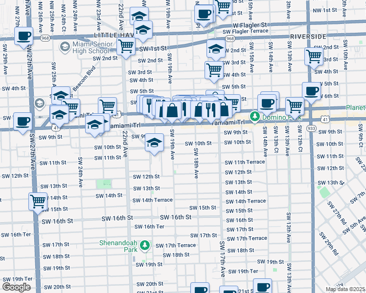 map of restaurants, bars, coffee shops, grocery stores, and more near 1879 Southwest 10th Street in Miami