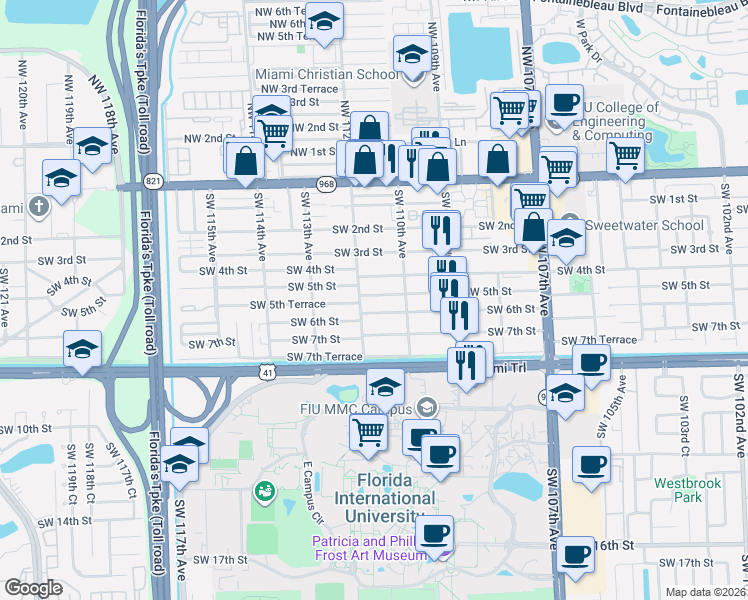 map of restaurants, bars, coffee shops, grocery stores, and more near 11132 Southwest 5th Street in Miami
