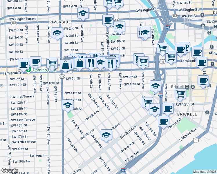 map of restaurants, bars, coffee shops, grocery stores, and more near 1003 Southwest 8th Avenue in Miami