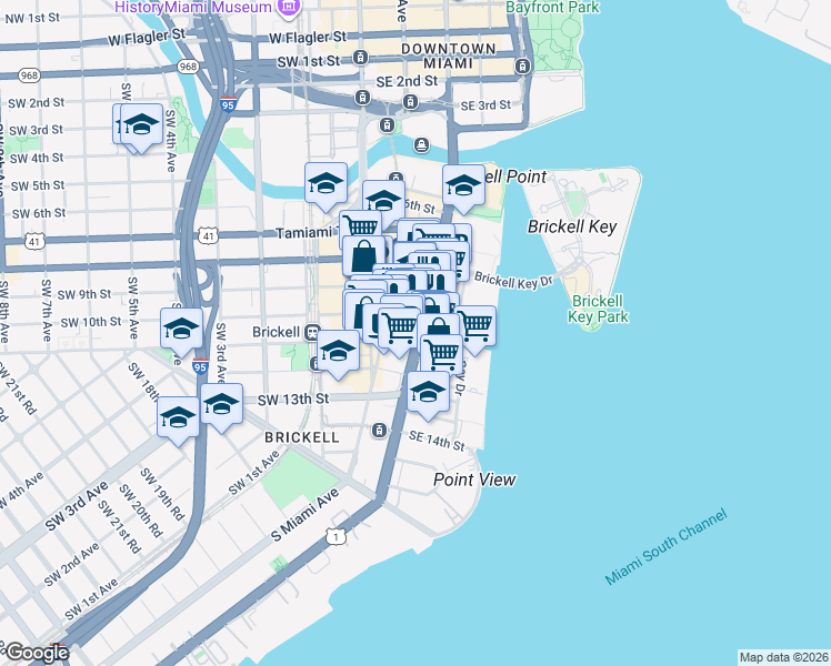 map of restaurants, bars, coffee shops, grocery stores, and more near 1000 Brickell Avenue in Miami