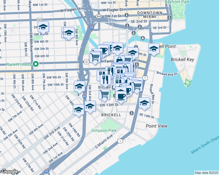 map of restaurants, bars, coffee shops, grocery stores, and more near in Miami