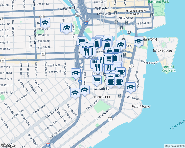 map of restaurants, bars, coffee shops, grocery stores, and more near 125 Southwest 11th Street in Miami