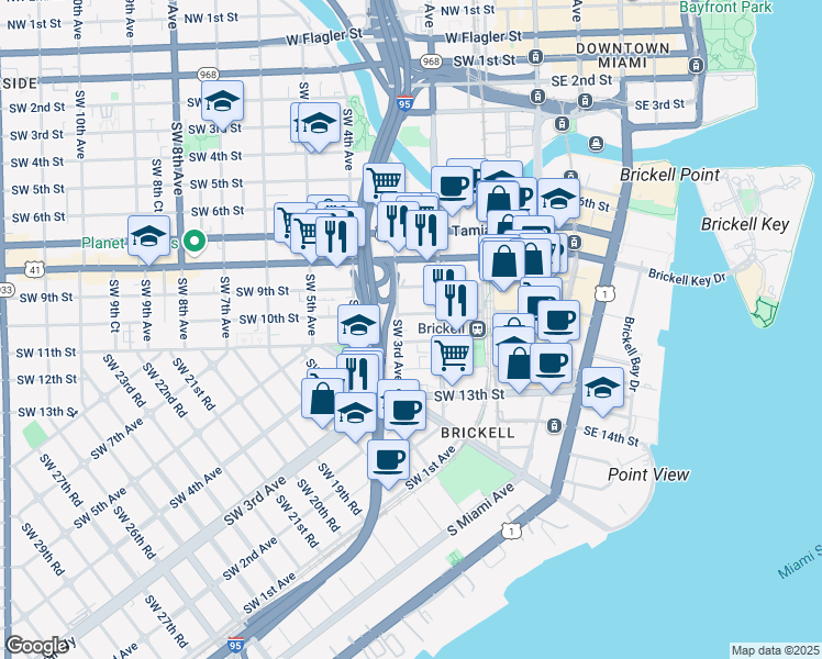 map of restaurants, bars, coffee shops, grocery stores, and more near 1021 Southwest 3rd Avenue in Miami
