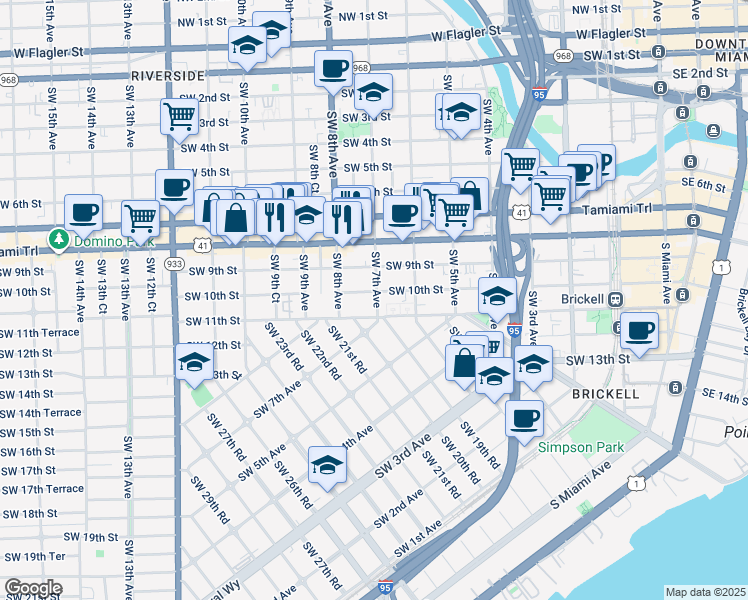 map of restaurants, bars, coffee shops, grocery stores, and more near 740 Southwest 10th Street in Miami