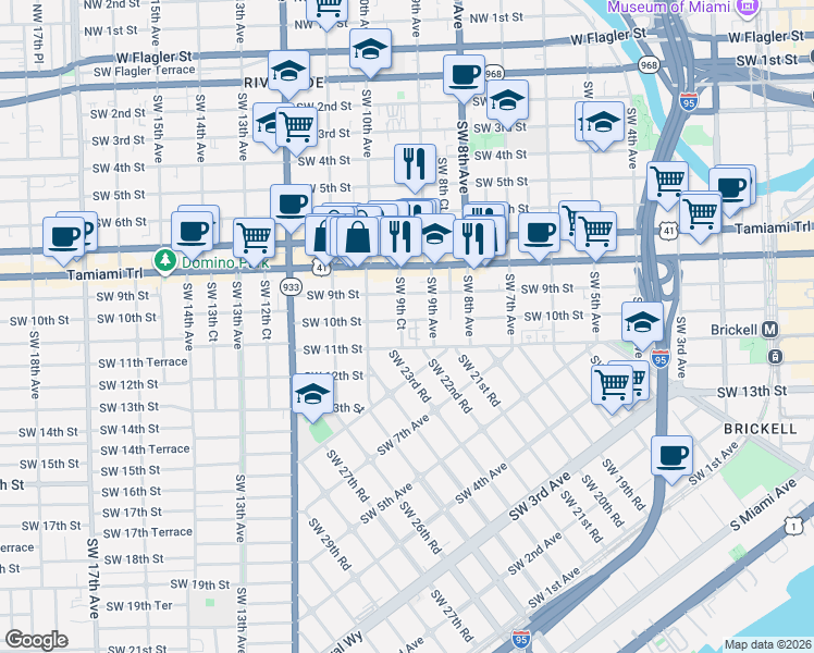map of restaurants, bars, coffee shops, grocery stores, and more near 930 Southwest 10th Street in Miami