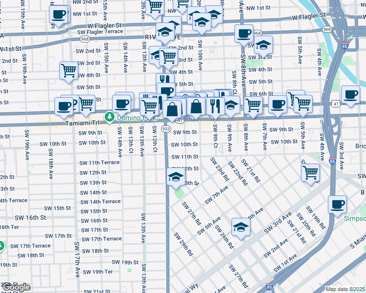 map of restaurants, bars, coffee shops, grocery stores, and more near 1053 Southwest 10th Street in Miami