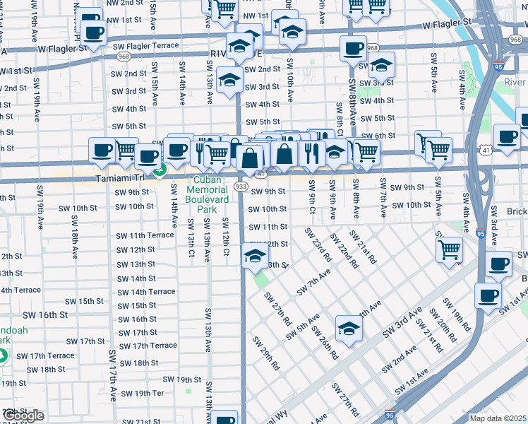 map of restaurants, bars, coffee shops, grocery stores, and more near 1053 Southwest 10th Street in Miami