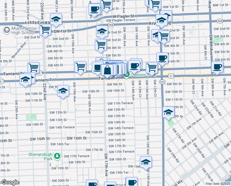 map of restaurants, bars, coffee shops, grocery stores, and more near 1644 Southwest 10th Street in Miami