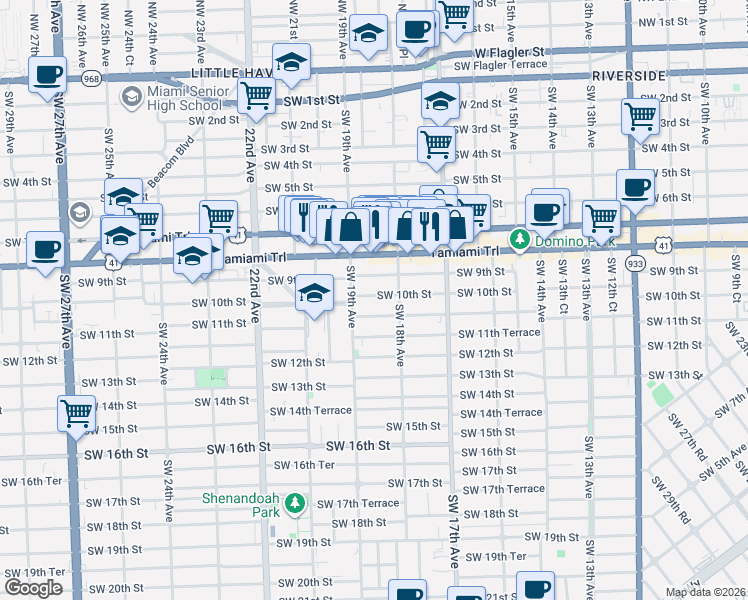 map of restaurants, bars, coffee shops, grocery stores, and more near 1879 Southwest 10th Street in Miami