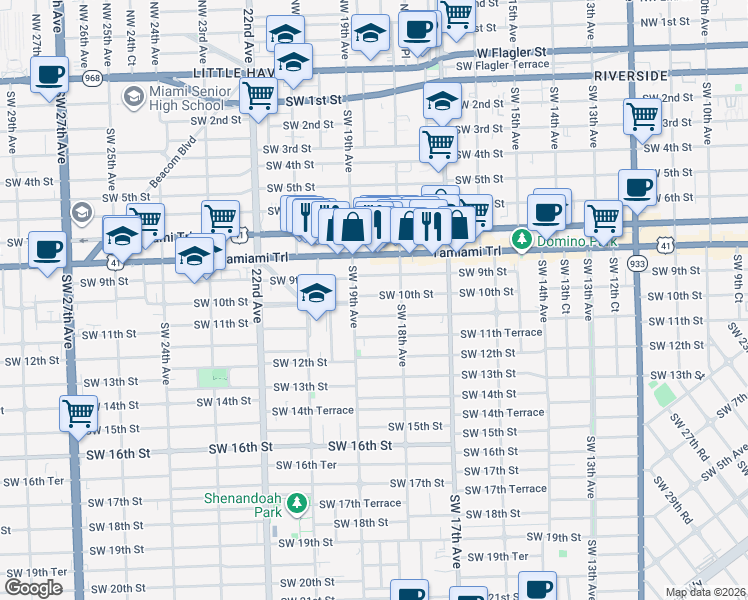 map of restaurants, bars, coffee shops, grocery stores, and more near 1879 Southwest 10th Street in Miami