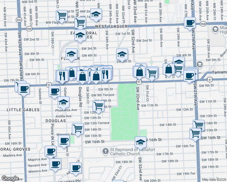 map of restaurants, bars, coffee shops, grocery stores, and more near 3300 Southwest 9th Street in Miami