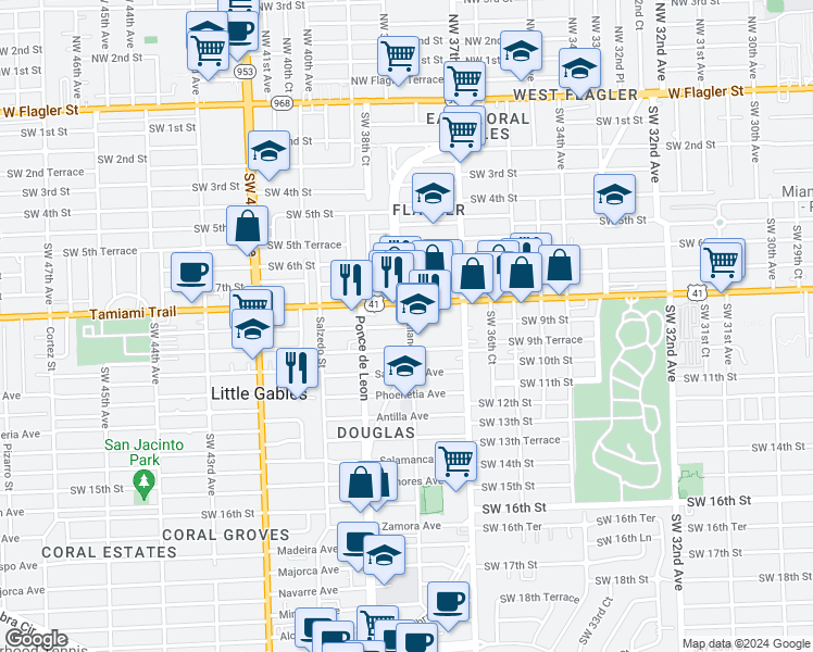 map of restaurants, bars, coffee shops, grocery stores, and more near in Miami
