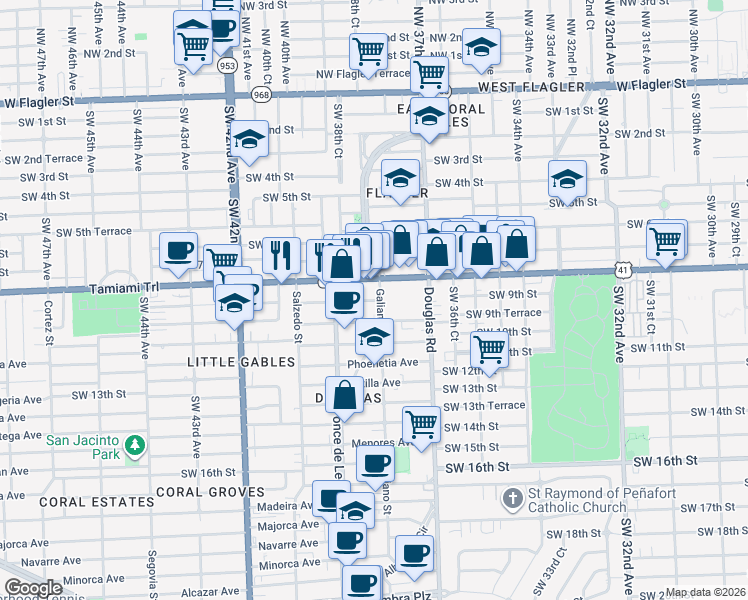map of restaurants, bars, coffee shops, grocery stores, and more near in Miami