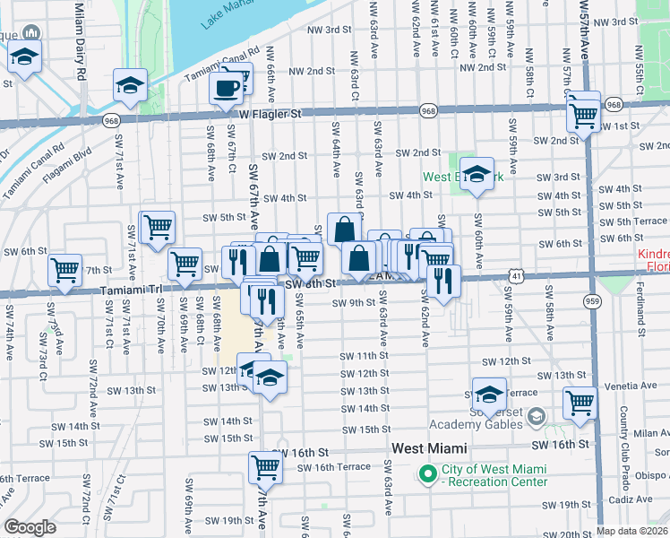 map of restaurants, bars, coffee shops, grocery stores, and more near 701 Southwest 64th Avenue in Miami