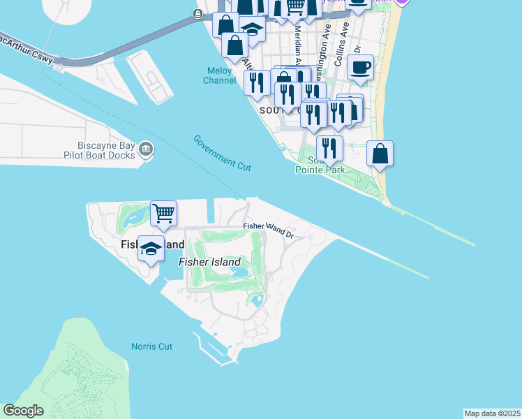 map of restaurants, bars, coffee shops, grocery stores, and more near 6800 Fisher Island Drive in Miami Beach