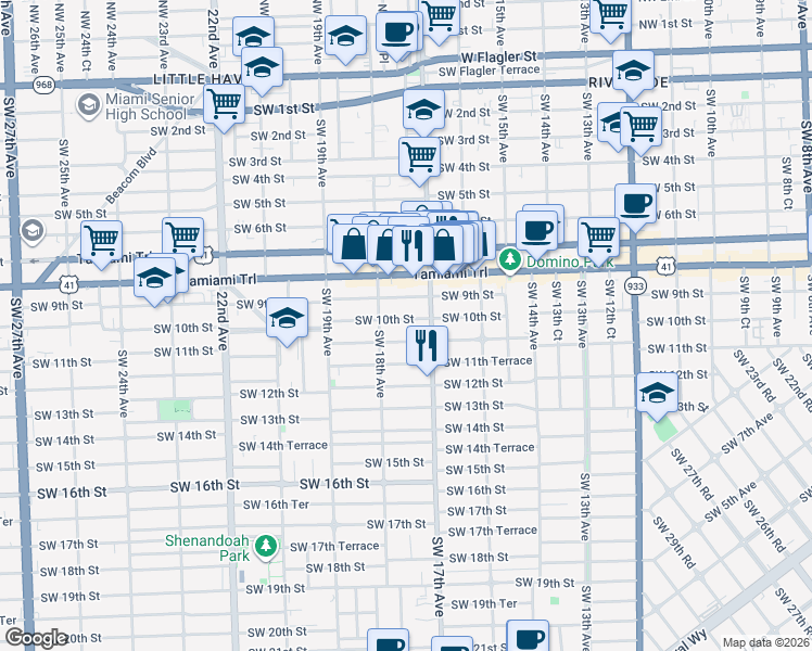 map of restaurants, bars, coffee shops, grocery stores, and more near 1724 Southwest 10th Street in Miami