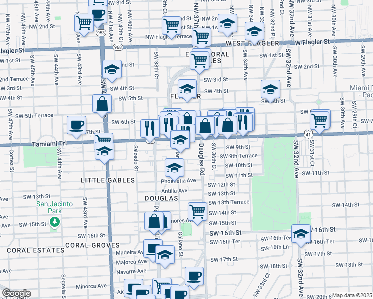 map of restaurants, bars, coffee shops, grocery stores, and more near 804 Douglas Road in Miami
