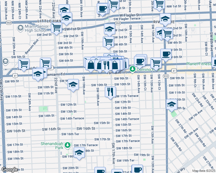 map of restaurants, bars, coffee shops, grocery stores, and more near 1724 Southwest 10th Street in Miami