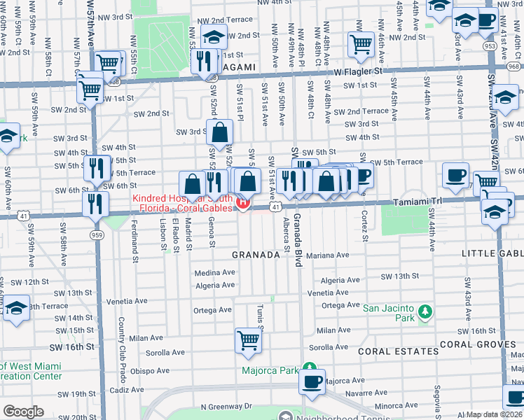 map of restaurants, bars, coffee shops, grocery stores, and more near 815 Wallace Street in Coral Gables
