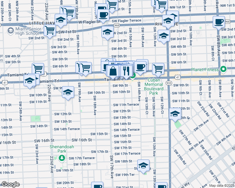 map of restaurants, bars, coffee shops, grocery stores, and more near 1644 Southwest 10th Street in Miami