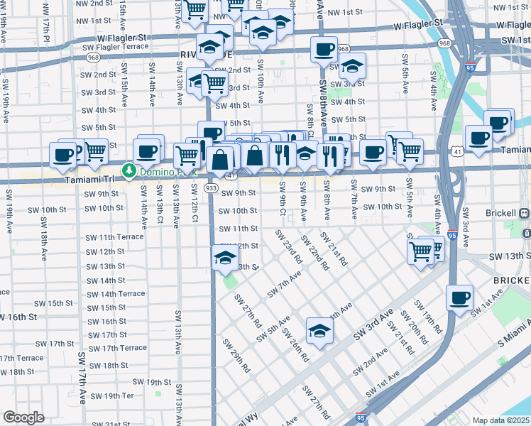 map of restaurants, bars, coffee shops, grocery stores, and more near 989 Southwest 10th Street in Miami