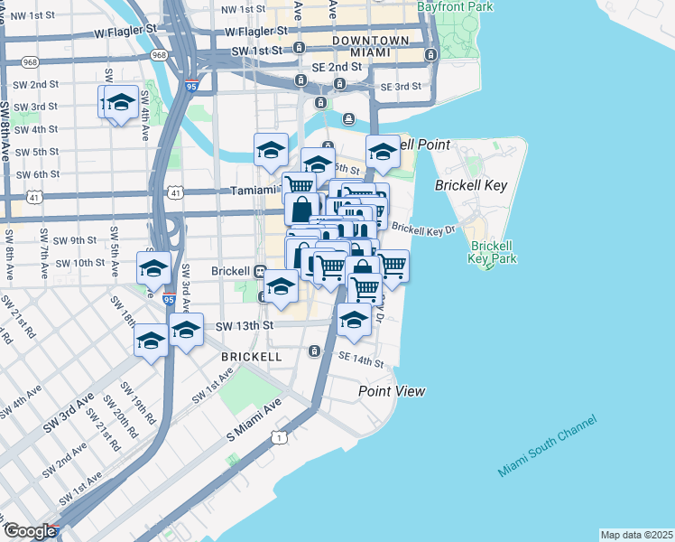 map of restaurants, bars, coffee shops, grocery stores, and more near 1000 Brickell Avenue in Miami