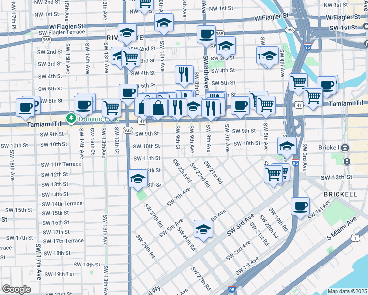 map of restaurants, bars, coffee shops, grocery stores, and more near 932 Southwest 10th Street in Miami