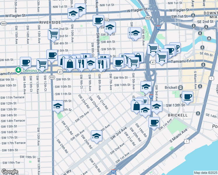 map of restaurants, bars, coffee shops, grocery stores, and more near 710 Southwest 10th Street in Miami