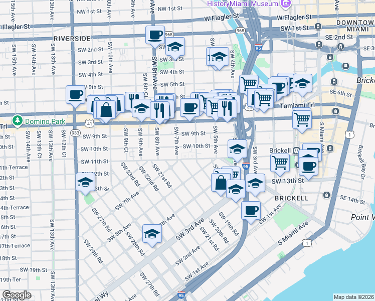 map of restaurants, bars, coffee shops, grocery stores, and more near 650 Southwest 10th Street in Miami