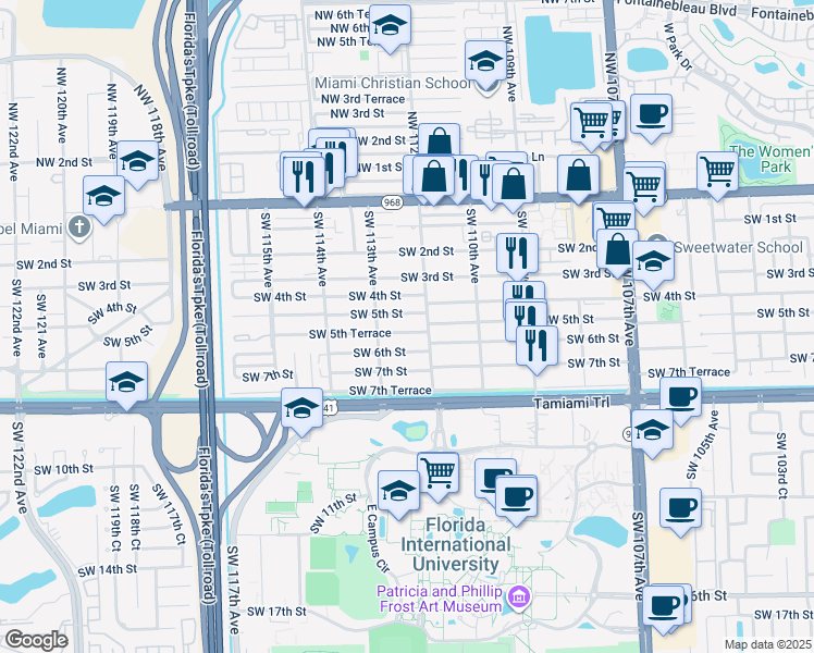 map of restaurants, bars, coffee shops, grocery stores, and more near 11239 Southwest 5th Terrace in Miami
