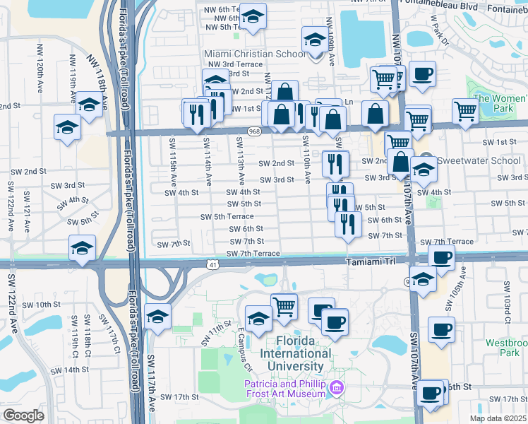 map of restaurants, bars, coffee shops, grocery stores, and more near 11239 Southwest 5th Terrace in Miami