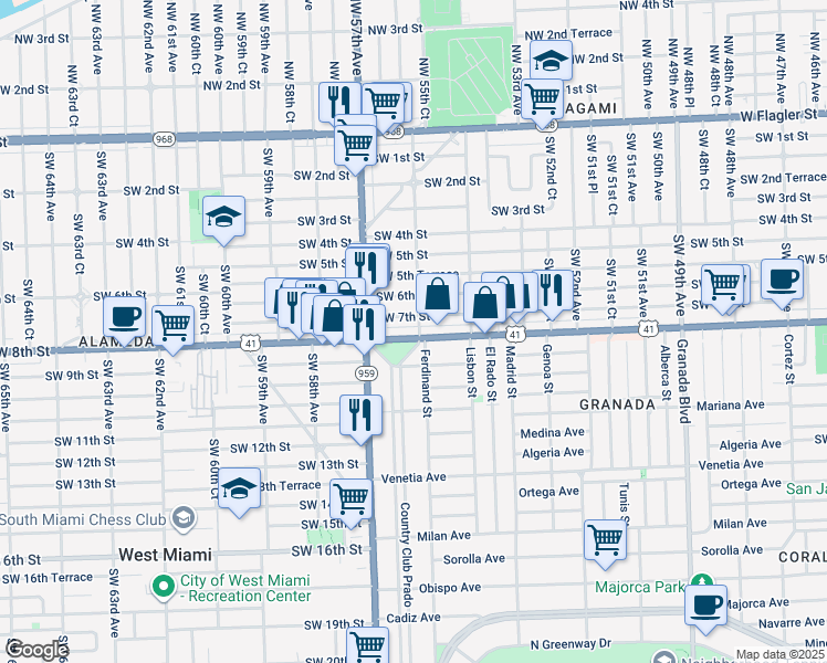 map of restaurants, bars, coffee shops, grocery stores, and more near 5599 Southwest 8th Street in Miami