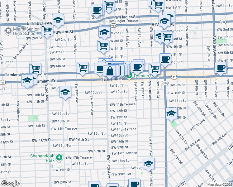 map of restaurants, bars, coffee shops, grocery stores, and more near 1644 Southwest 10th Street in Miami