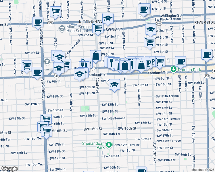 map of restaurants, bars, coffee shops, grocery stores, and more near 2131 Southwest 10th Street in Miami