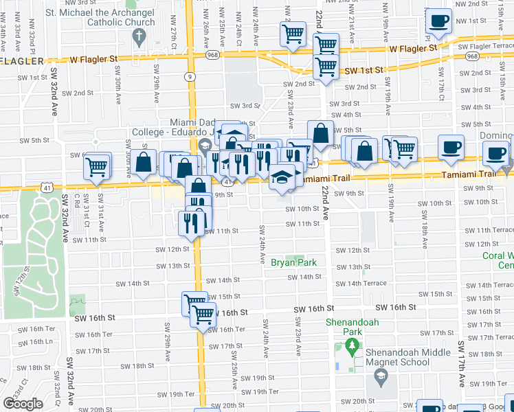 map of restaurants, bars, coffee shops, grocery stores, and more near 2401 Southwest 10th Street in Miami