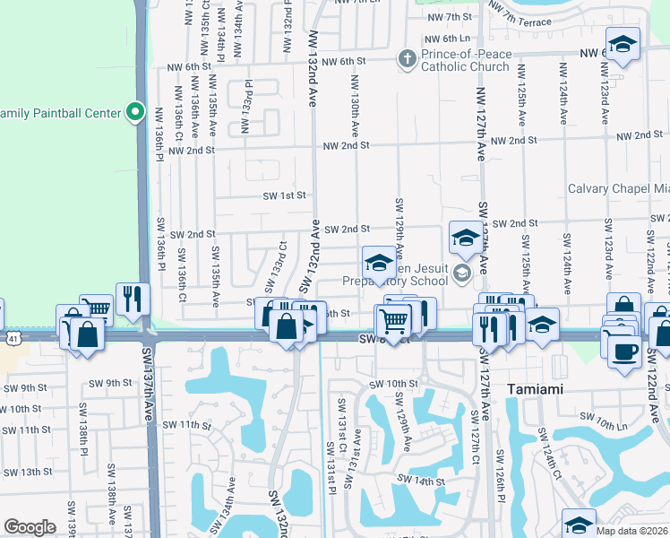 map of restaurants, bars, coffee shops, grocery stores, and more near 13038 Southwest 3rd Street in Miami