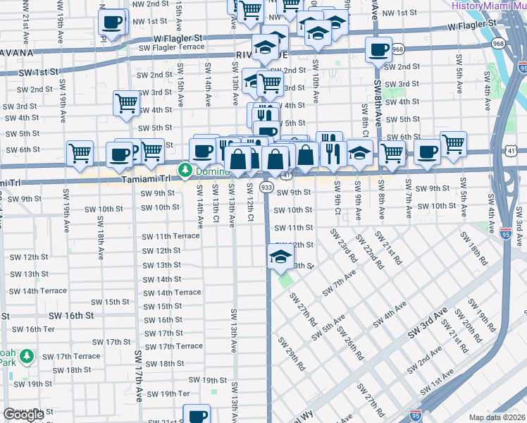 map of restaurants, bars, coffee shops, grocery stores, and more near 1171 Southwest 10th Street in Miami
