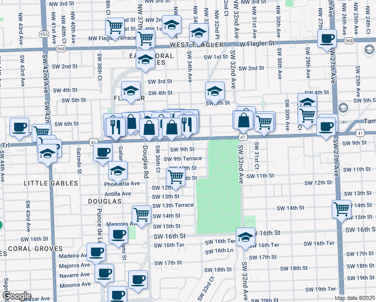map of restaurants, bars, coffee shops, grocery stores, and more near 3430 Southwest 9th Street in Miami
