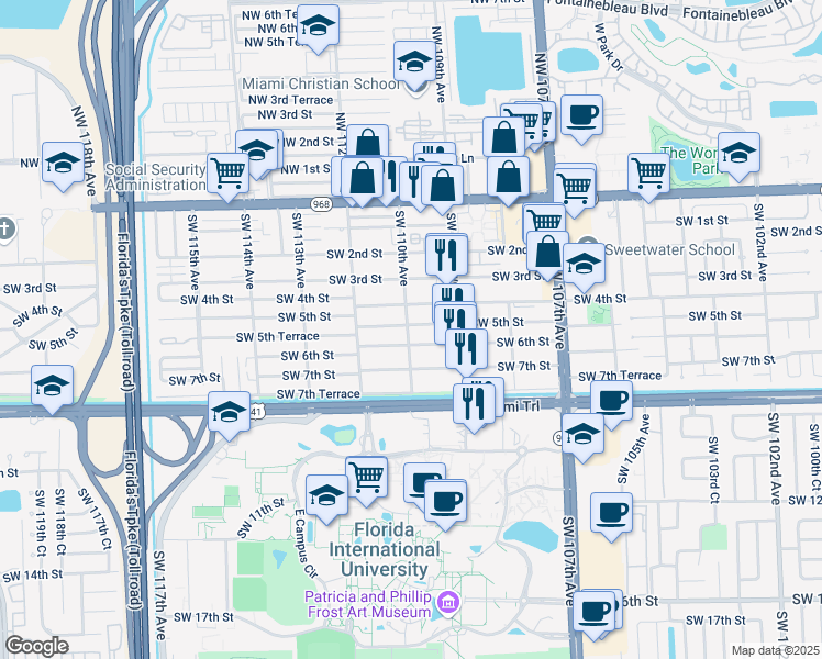map of restaurants, bars, coffee shops, grocery stores, and more near 10982 Southwest 5th Street in Miami