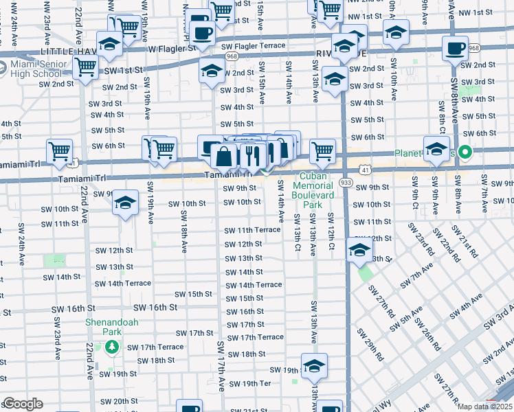 map of restaurants, bars, coffee shops, grocery stores, and more near 1520 Southwest 10th Street in Miami